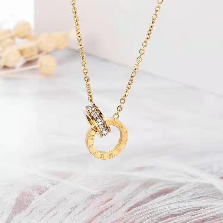 Stainless Steel Double Ring Necklace, Light Luxury, Niche Collarbone Chain Design, Digital Pendant Necklace