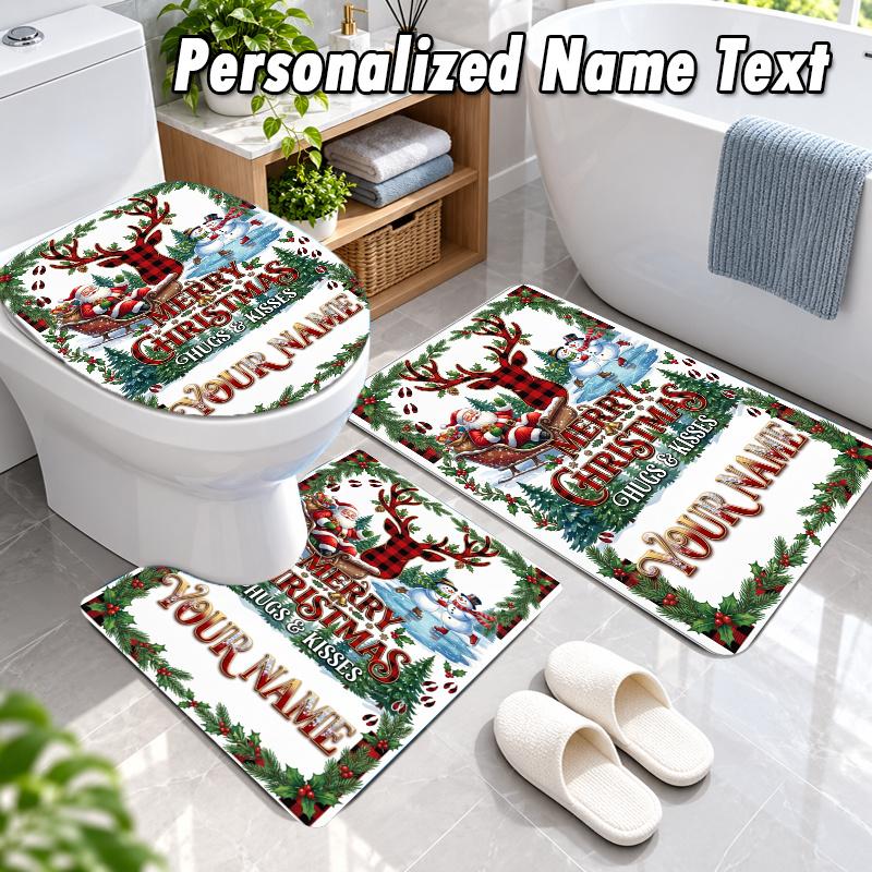 Christmas Custom Name 3Pcs Flannel Bathroom Mat Set Toilet Rug Personalized Bath Decor