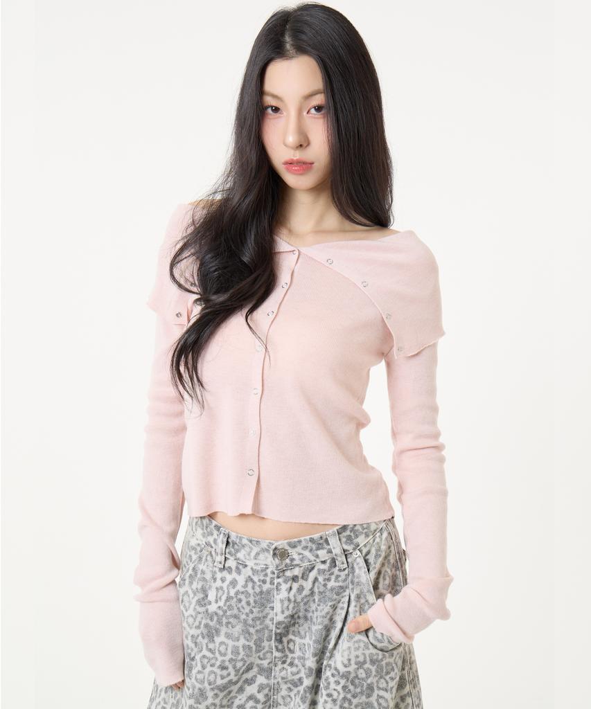 UNKNOWN PLANET Ring Snap Off-Shoulder Long Sleeve Knit Top Pink