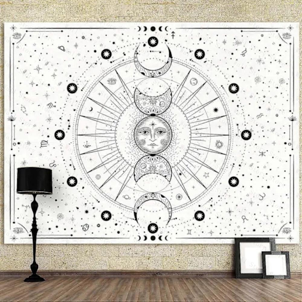 Minimalist Celestial Tapestry Sun Moon Phase Wall Hanging Bohemian Starry Sky Tapestries for Bedroom Living Room Decor Tapestry