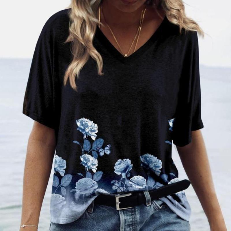 Summer Flower T-Shirts Floral 3D Print Women V-Neck Short Sleeve T Shirt Streetwear