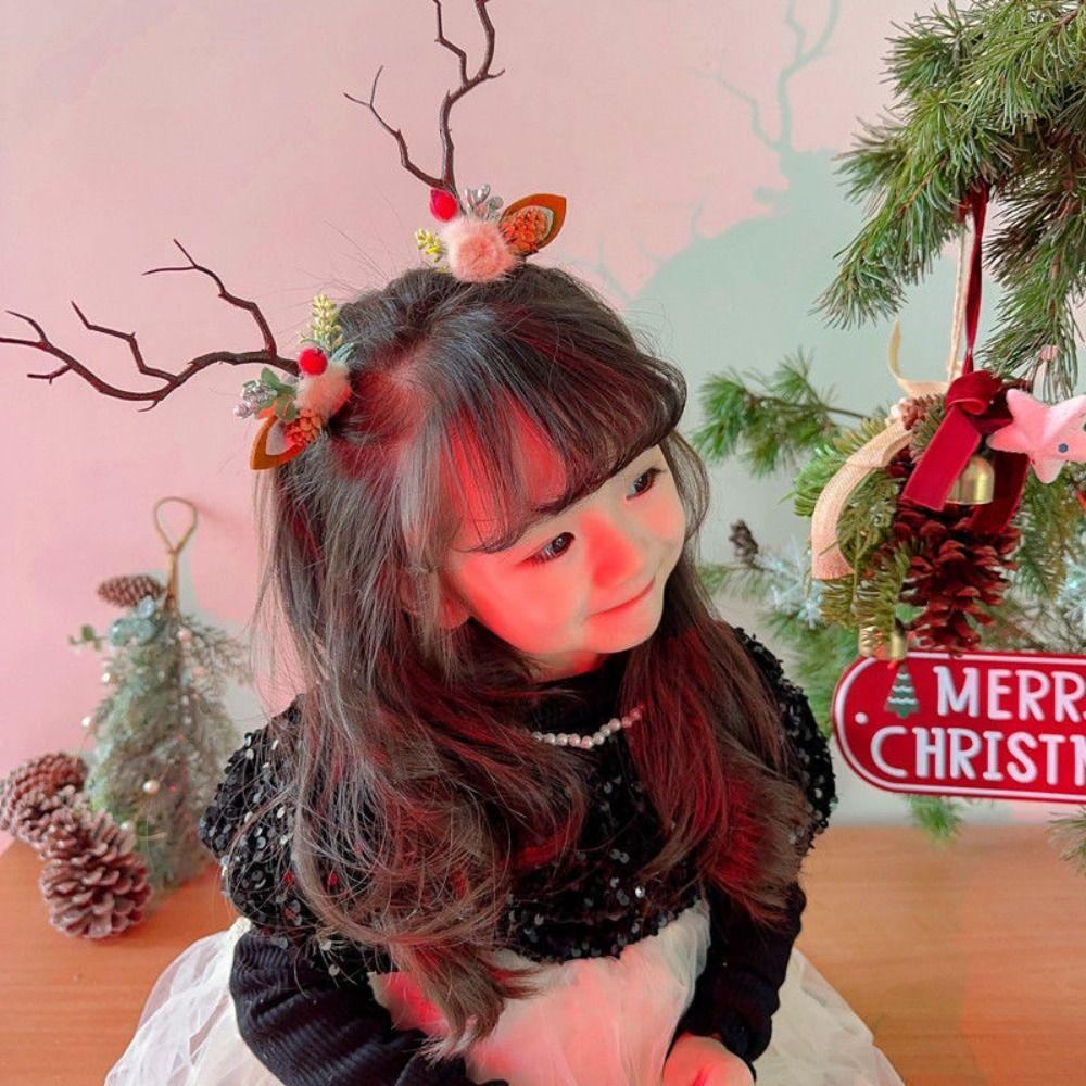 Plush Children Deer Antler Hair Clip Bowknot Christmas Hat Headabnd Lovely Elk Hair Clip  Girls