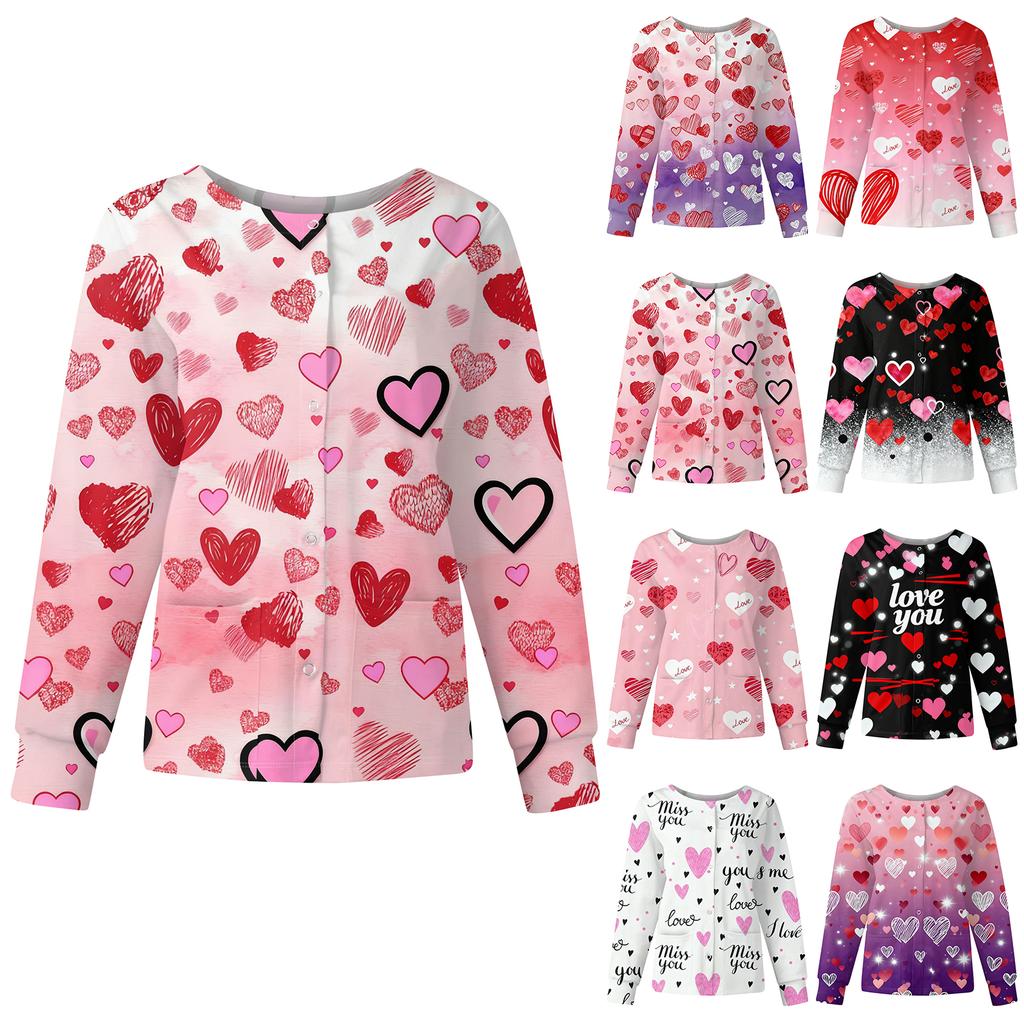 Women's Casual Fashion Long Sleeve Standing Collar Single Breasted Valentine's Day Print Workwear Jacket Tops