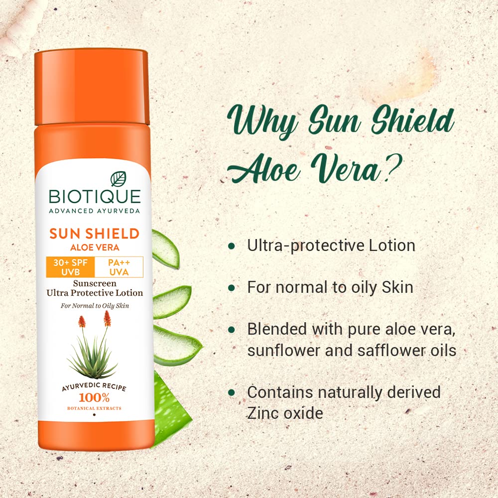 Biotique SPF 30 Sun Shield Aloe Vera Sunscreen Lotion For Normal To Oily Skin, Broad Spectrum UVB Protection, 120ml, Pack Of 1