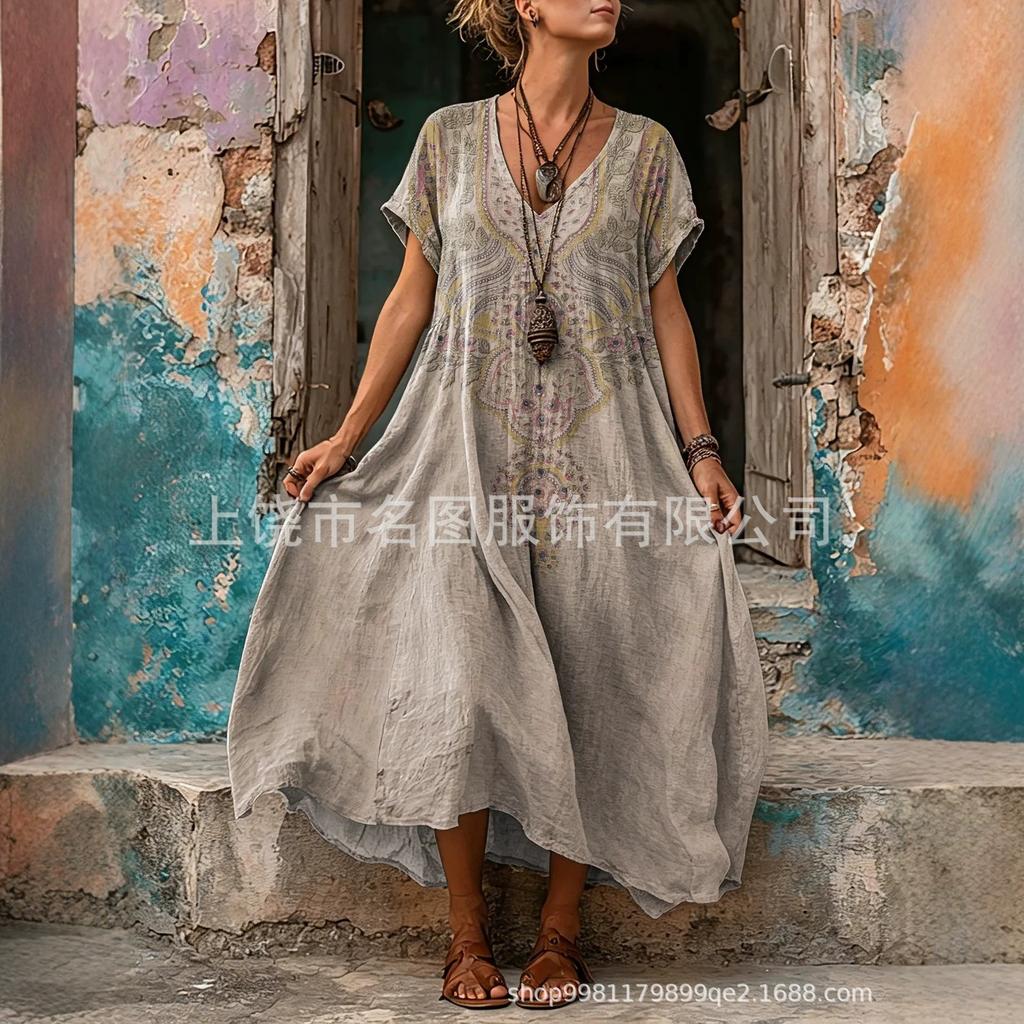 European and American women's blue retro ethnic style printing loose long dress polyester comfortable casual slim short sleeves