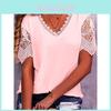 Polyester Lace Insert Short Sleeve T Shirt With V Neck For Casual Women