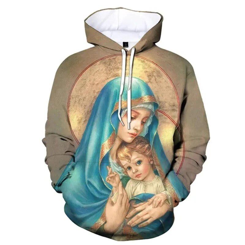 Sacred Heart Couple Hoodie, Men's Autumn Winter Fleece Sweatshirt, Classic Religious Pair Figure Print Pullover for Art Style Photo Shoots