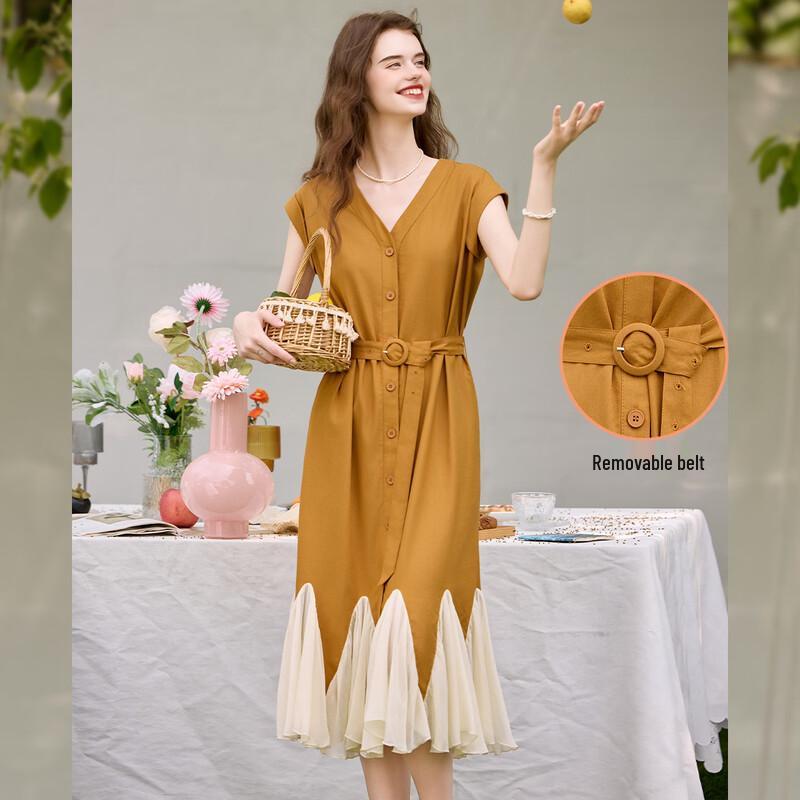 

Bailuyu Women s V-Neck Ruffle Hem Belted A-line Dress L