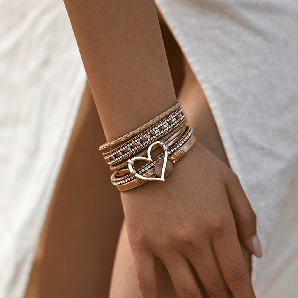 Elegant Heart Leather Wrap Bracelets Stackable Bohomian Cuff Bangles Fashion Rhinestones Bracelets for Women and Girls