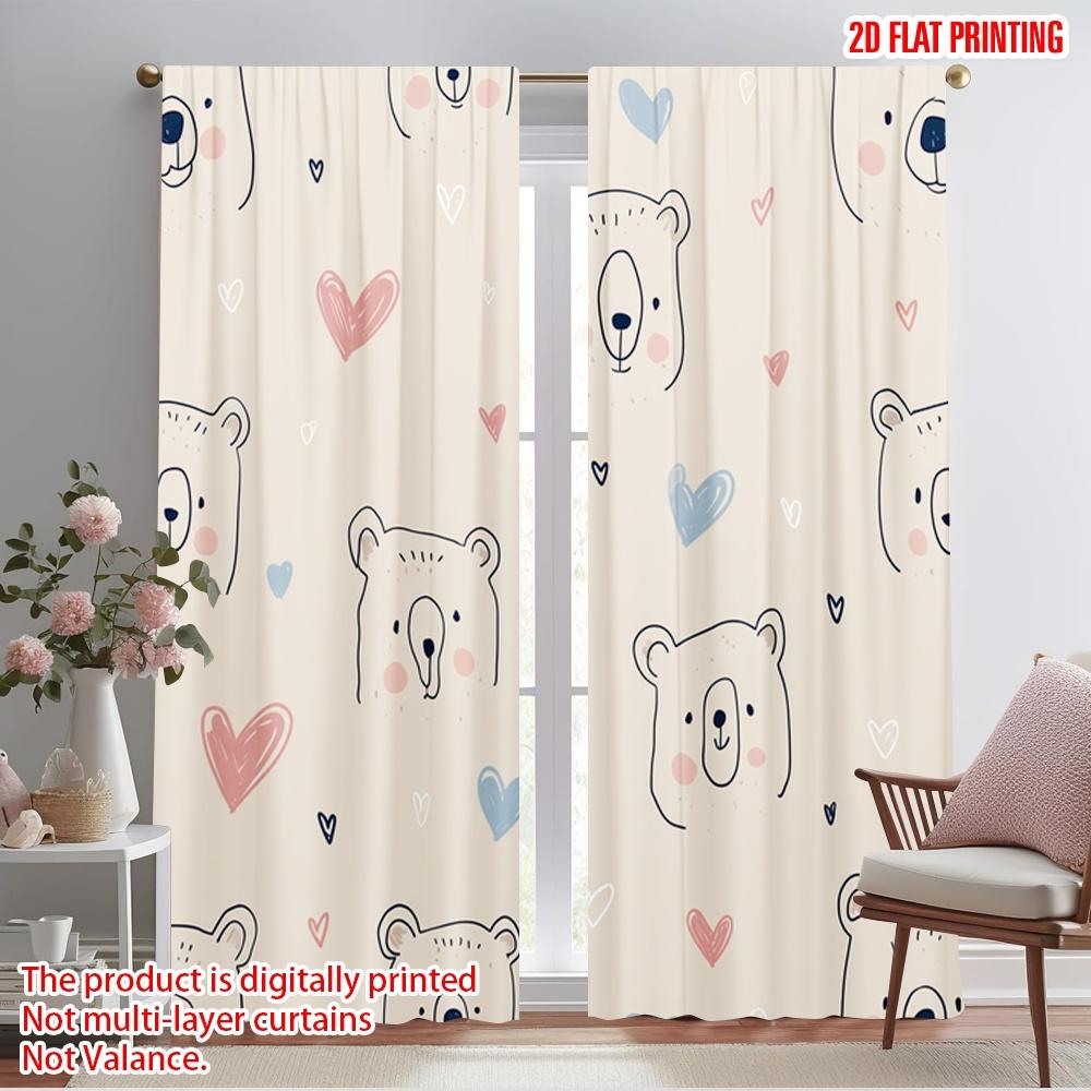 2pcs,2D Plane Printing Curtain Popular Smiling Bears and Hearts Versatile 100% Polyester (without Rod) Decorations Inside