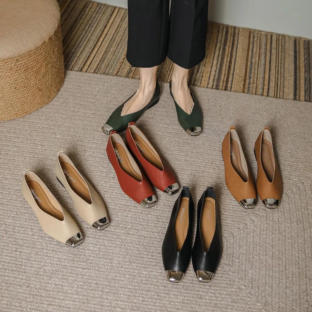 Ladies Shoes New Metal Square Head Single Shoes Women's Genuine Leather Flat Shoes Zapatos Mujer