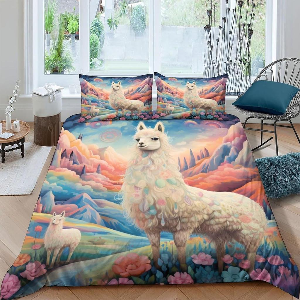 Alpaca 3D Printed Cloud Animal Duvet Cover Queen Size Cotton Comforter Bedding Set 3 Pcs With Pillowcases For Kids And Adults