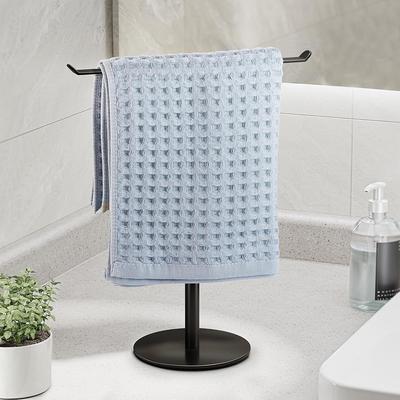 Black Hand Towel Holder Stand Countertop T-Shaped Stainless Steel Towel Rack with Non-Slip Base Bathroom Storage Organizer