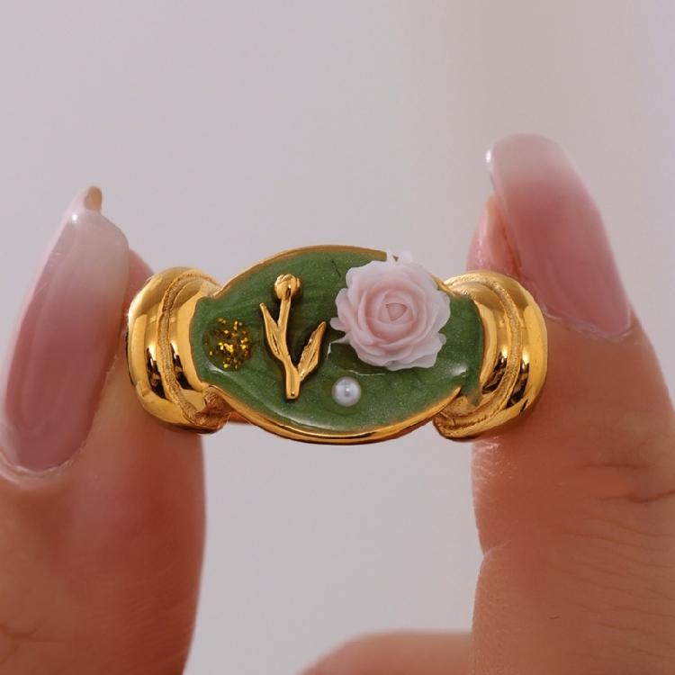 Gioiello Artistico Fiore di Rosa Anello in Acciaio Inossidabile Smaltato con Accenti di Perle Fascia Regolabile Anello Aperto Gioielli Floreali