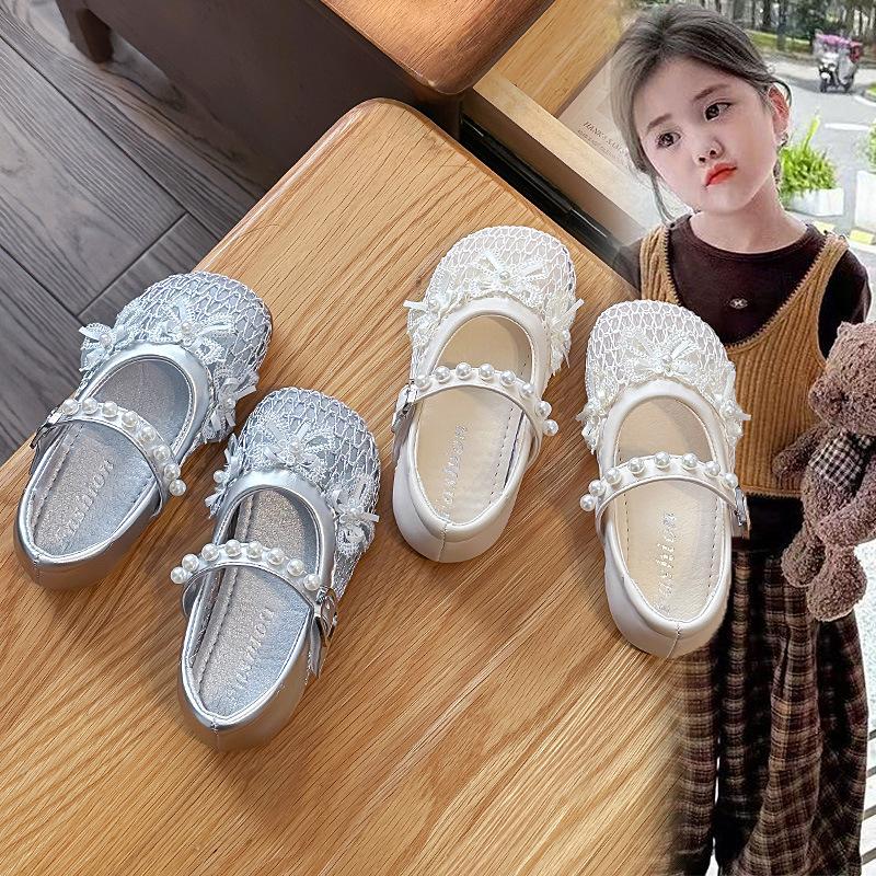 Girls' Solid Color Mesh Sandals2026New Spring and Summer Pearl Flower Bow Princess Shoes for Performances