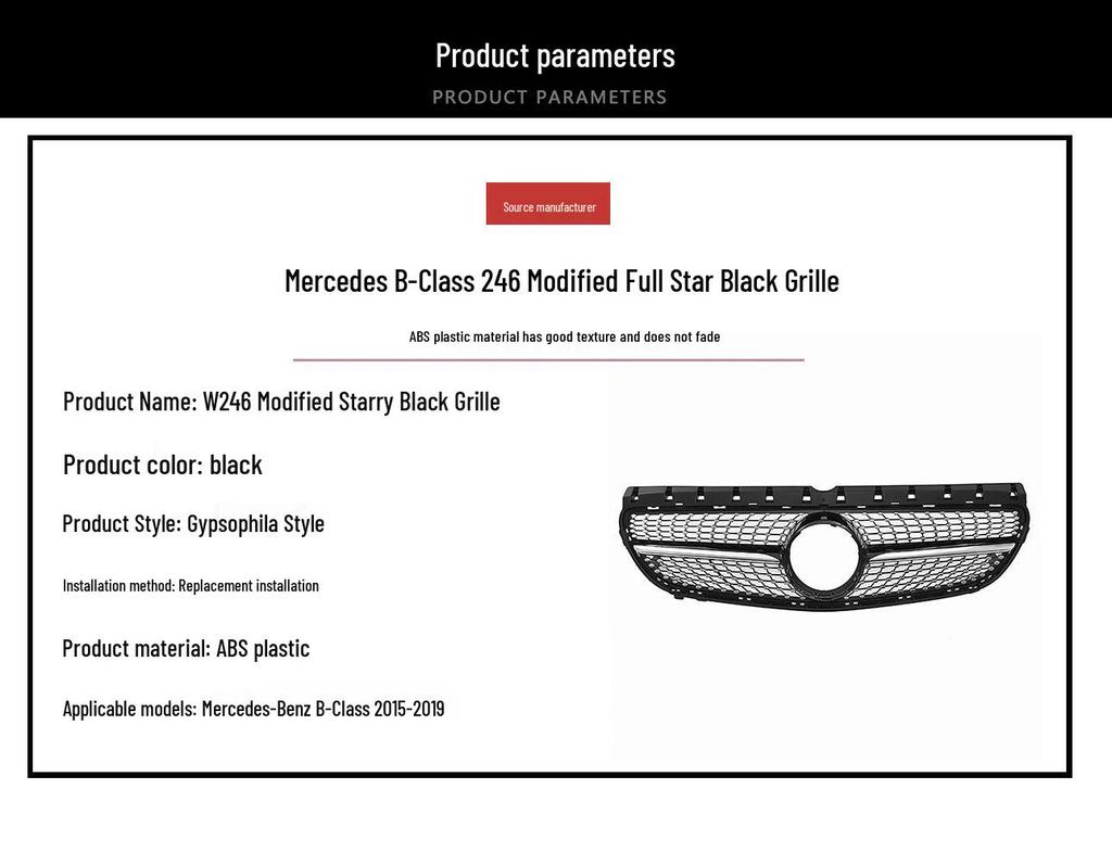 Compatible with 2015-2019 B-Class W246: Modified Black Diamond Style Front Bumper Grille