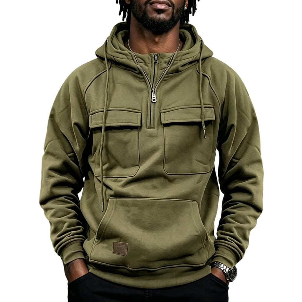 Men's Lined Hooded Pullover Sweatshirt with Multiple Pockets