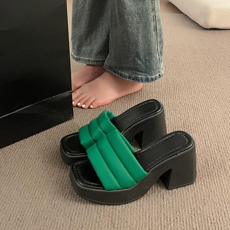 Waterproof Table Thick-soled Cool Slippers, Women's Ins Trendy Outer Wear One-word Slippers, New Thick-heeled High-heeled Shoes In Summer