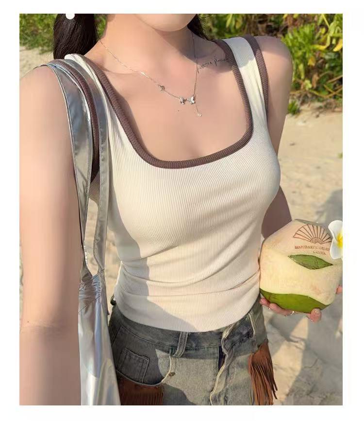 Trendy Square Neck Color Block Camisole with Chest Pads - Summer Hot Item for Inner & Outer Wear