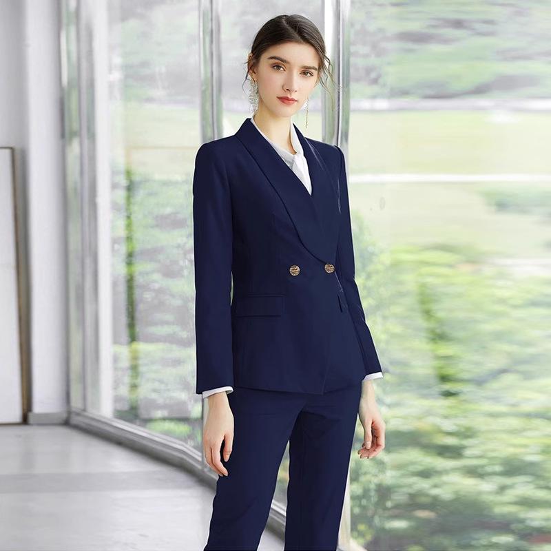 Navy Blue Shawl Collar Women's Slim Fit Business Suit Trousers for Spring and Autumn