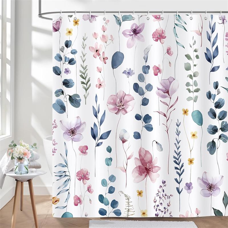 Colorful Floral Shower Curtain Watercolor Flower Leaves Modern Minimalist Bath Curtain Polyester Cloth Bathroom Decor with Hooks