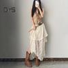 Retro Skirt Elastic High Waist Lace Irregular Design Midi Skirt French Style Retro Embroidery Lace Flower Long Skirt