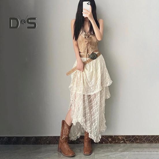 Retro sukně s elastickým vysokým pasem, krajkou a nepravidelným designem, midi sukně ve francouzském stylu, retro výšivka, krajka s květinovou výšivkou