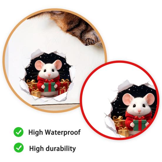 Christmas Party Wall Decor 3D Hole Illusion Mouse Sticker, Peel And Stick Waterproof PVC Creative Gifts for Friends Decal Window Glass, Festive