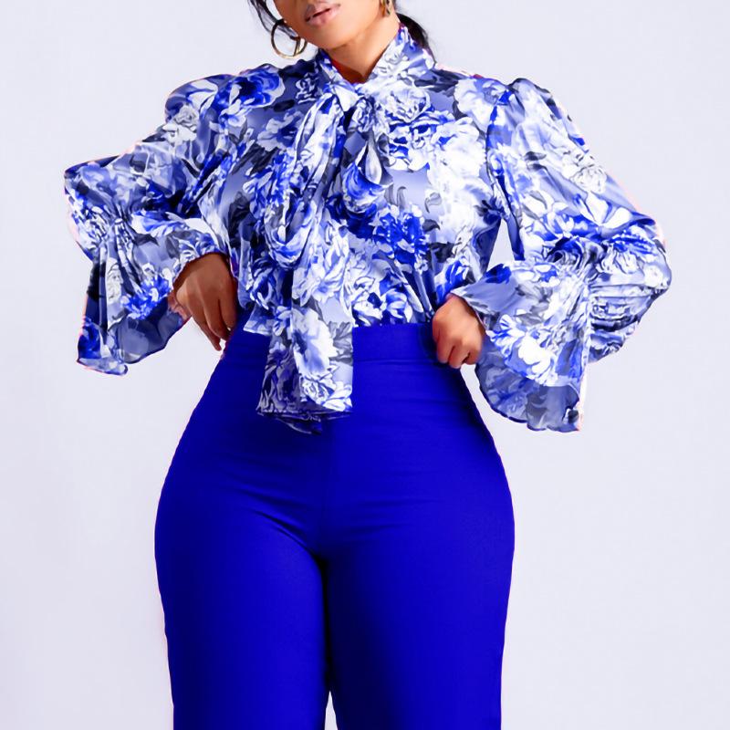 

YYFS Женская мода Повседневная весна-осень Цветочный узор Принт Длинные рукава Высокий ворот Блузки и рубашки XXXL синий