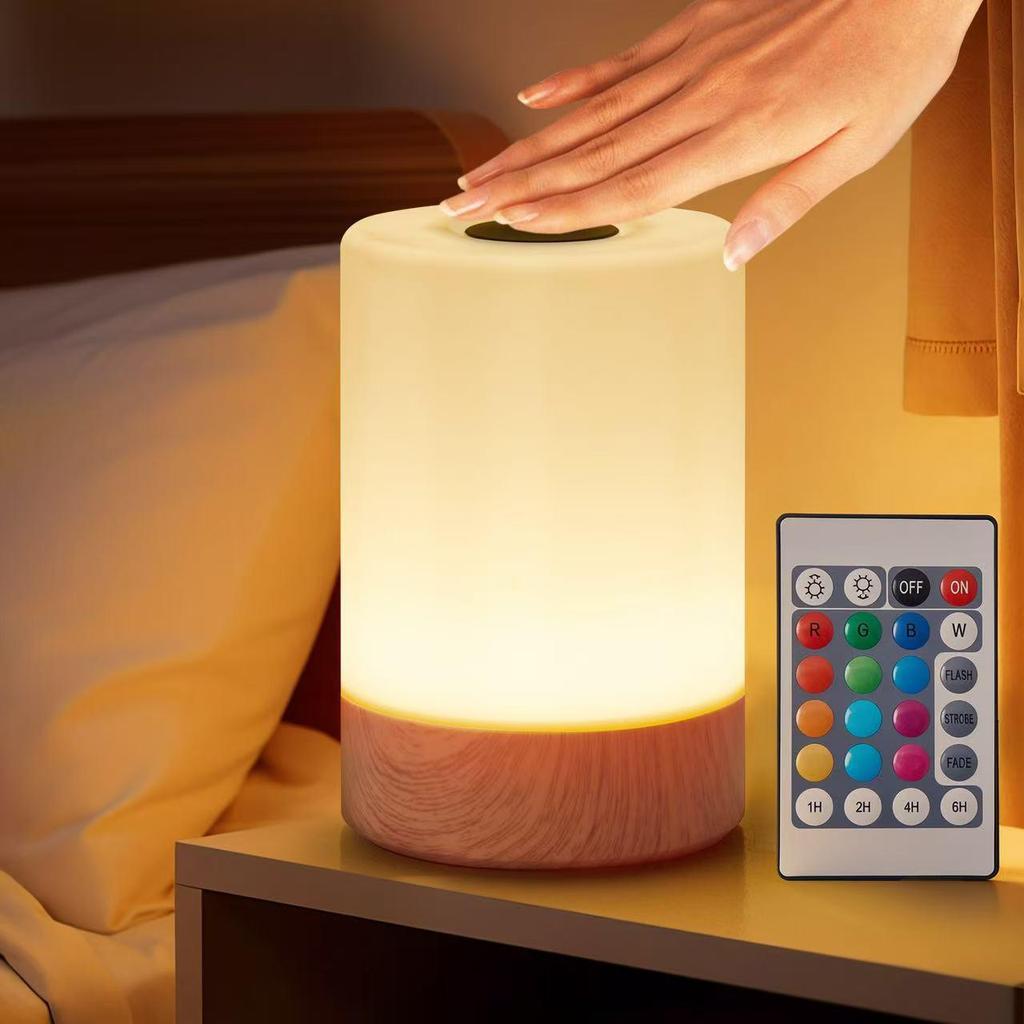 Wood Grain Touch Remote Bedside Table Lamp - 13-Color Night Light with Tap Control