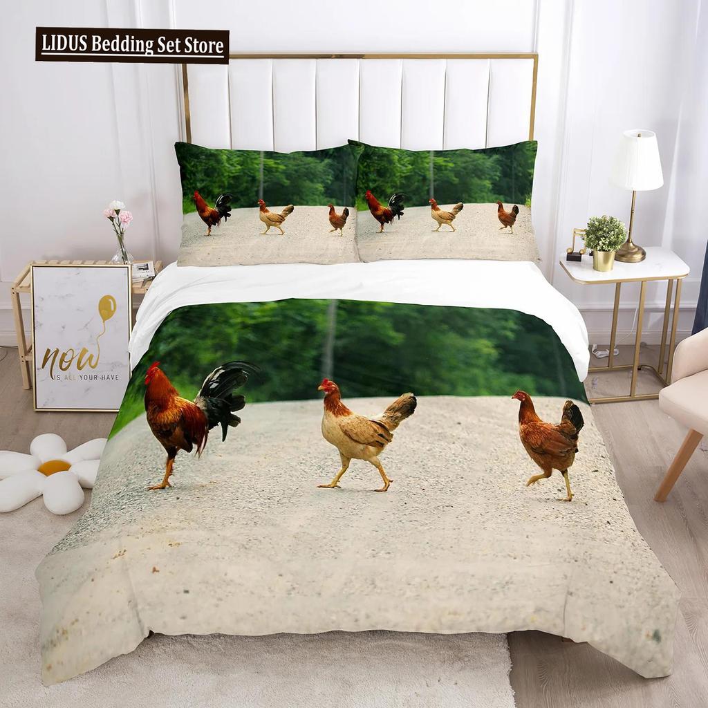 Chicken Duvet Cover King Queen Size Lovely Hen Pattern Bedding Set Kids Teens Adults Farm Animals Soft Polyester Comforter Cover