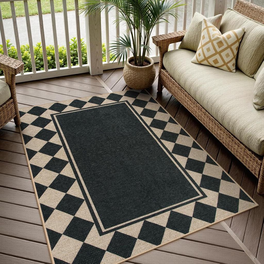 Moynesa Checkered Easy Jute Outdoor Patio Rug 3x5, Washable Indoor Outdoor Rugs for Entryway Non Slip, Farmhouse Carpet for Livi