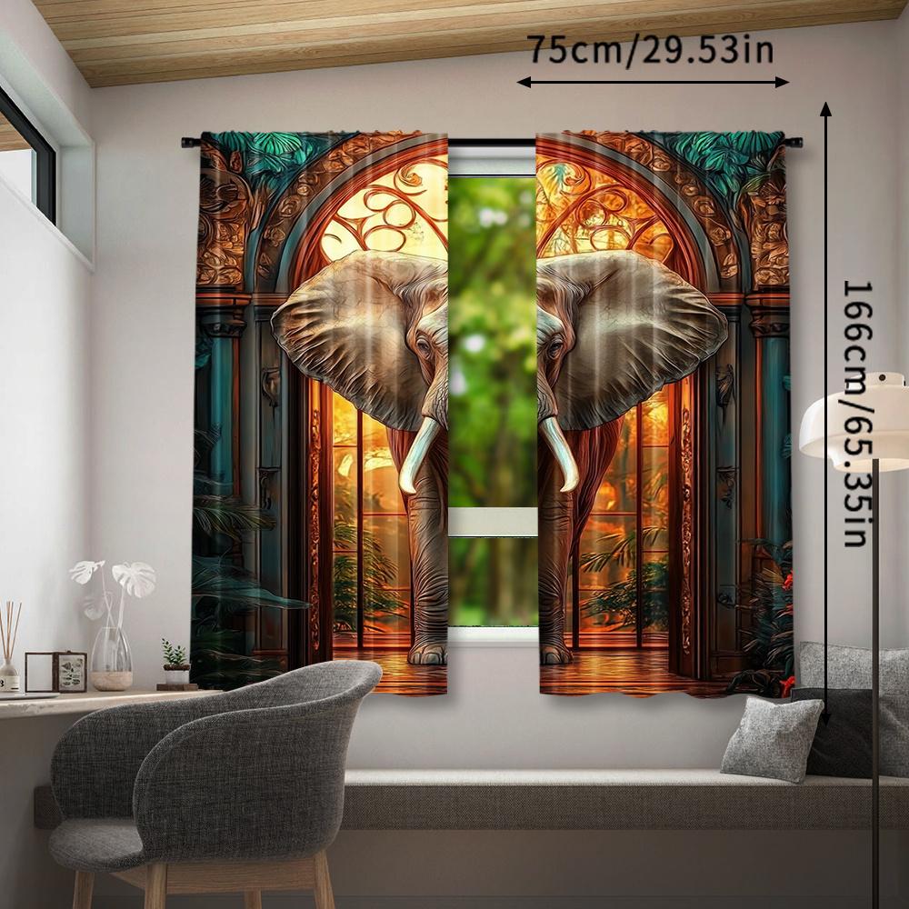 2pcs, 3d Elephant Curtain for Home Decor, Bohemian Rod Pocket Window, for Bedroom, Office, Kitchen, Living Room, And Study