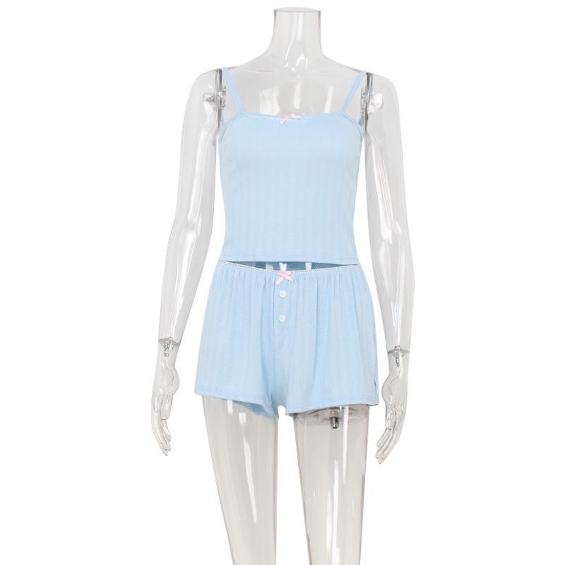 

2025 European Summer Pure Color Slim Fit Spaghetti Strap Shorts Two-Piece Set for Women M світло-синій колір