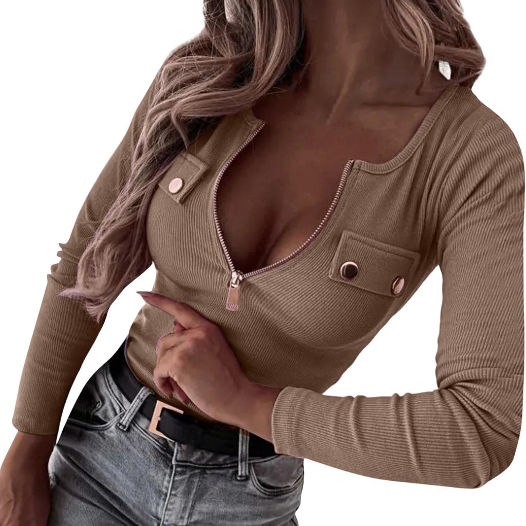 Women's Fashion Casual Knit Slim Long Sleeve Pullover Zipper Top Blouse