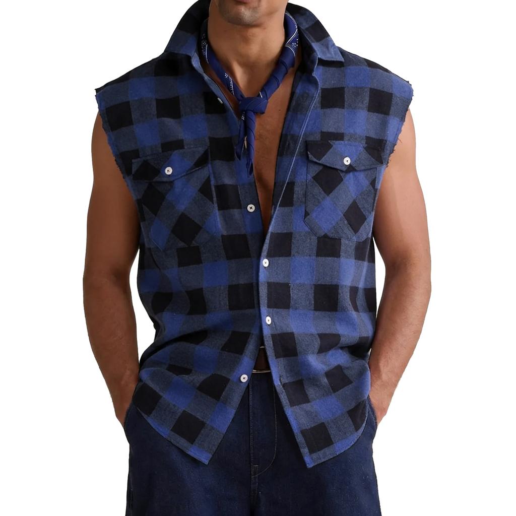 Camicia a quadri senza maniche con bottoni da uomo, vestibilità classica, camicia in flanella a quadri Buffalo con tasche sul petto e giromaniche a taglio vivo
