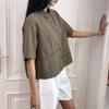 New Arrivals Open Run Women Cotton Loose Fit Solid Short Sleeve Semi Crop Shirt