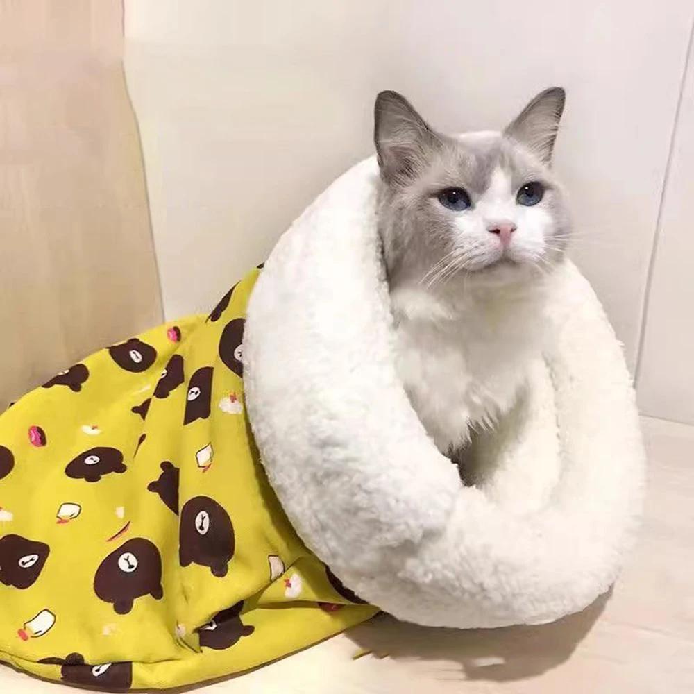 Cat Sleeping Bag Soft Cuddly Fluffy Feel Thickened Pet Pocket Type Quilt Bed Kitten Puppy Soft Comfortable Warm Nest Pet