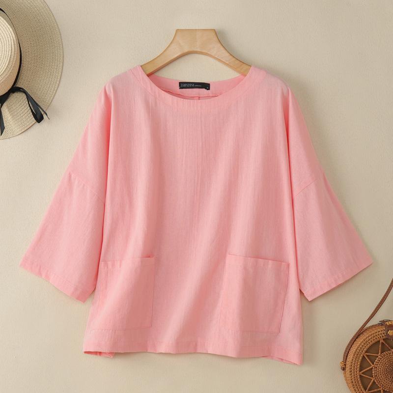 

ZANZEA Женская повседневная однотонная блузка с круглым вырезом и рукавом 3/4 L розовый