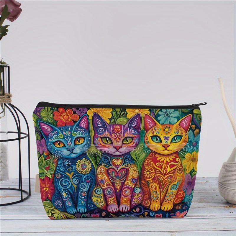 Bohemian Floral Cute Cat Print Women's Makeup Bag-Cosmetic Zipper Pouch,Suitable for Travel Toiletry Daily Use Accessory Case