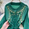 Women's Retro Embroidery Heavy Work Waist Cinching Single Button Ele Long Dress