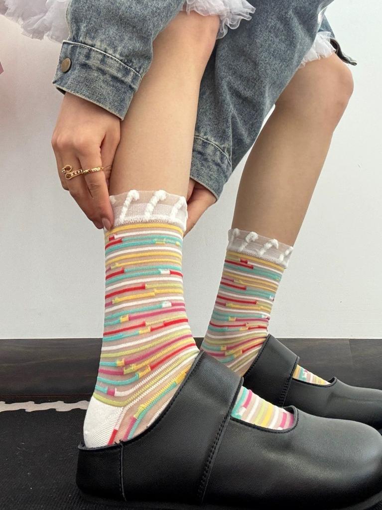 Summer Women Socks Ultra-thin Transparent Crystal Silk Socks Women Cartoon Print Japanese Kawaii Cute Funny Elastic Long Socks