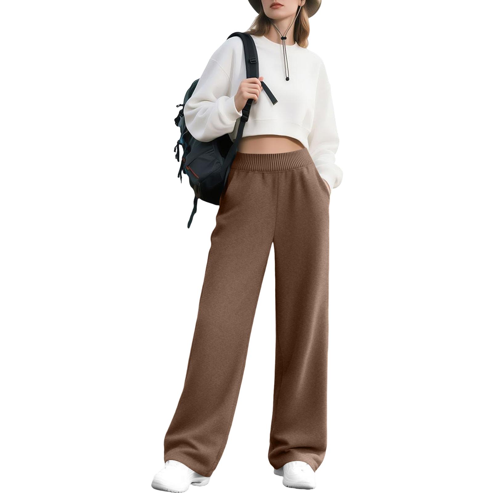 

Women s Fashion Loose Color With Pockets Elastic Waist Sports Casual Pants XL кавовий