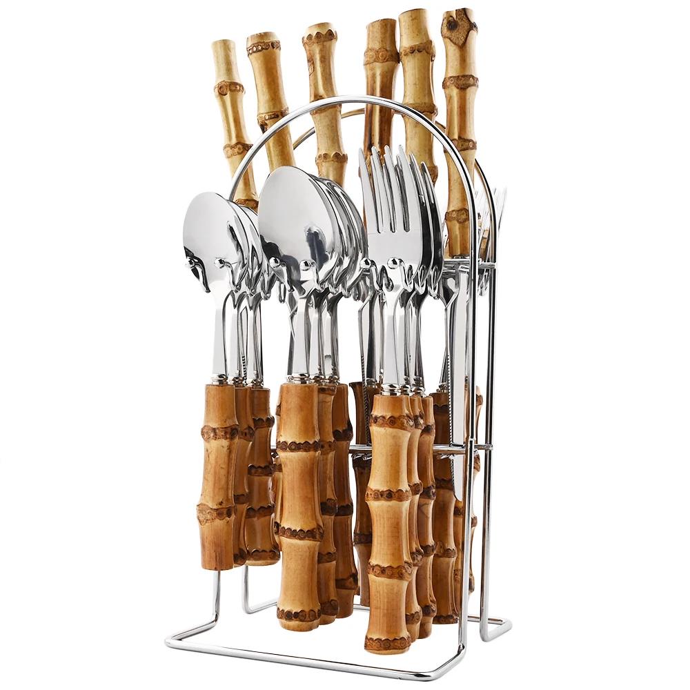24Pcs Tableware Sets Stainless Steel Bamboo Cutlery SetPurely Natural Bamboo Handle Flatware Set Dinnerware Steak Knife Cutlery