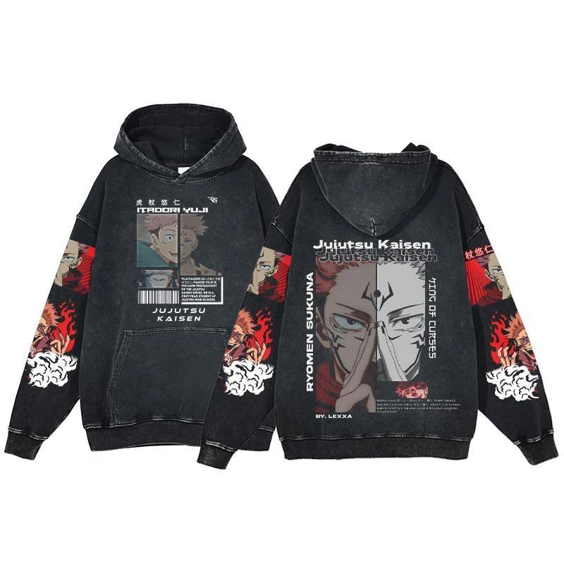 Anime Jujutsu Kaisen Ryomen Sukuna Print Washed Hooded Men Manga Vintage Hoodies Casual Cotton Streetwear Harajuku Sweatshirt