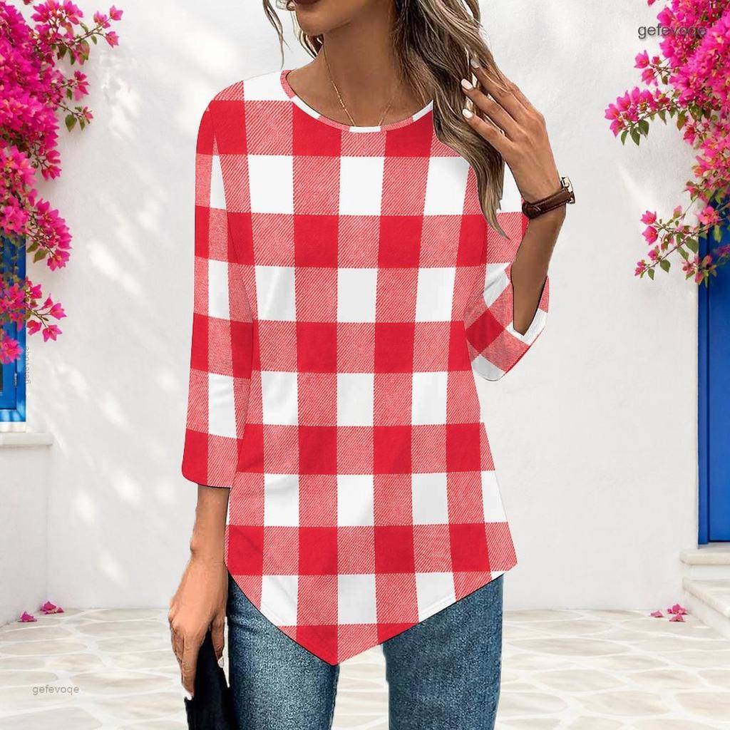 Women Plus Size Round Neck Three Quarter Sleeve Geometric Printed Pointed Hem Casual Blouse