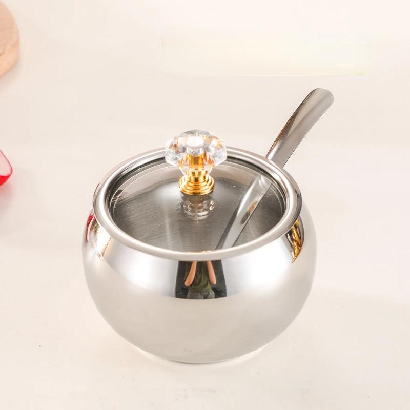 304 Stainless Steel Condiment Set with Lid Spoon Tray Korean Style Kitchen Spice Storage Containers for Sugar Pepper Salt