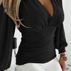 Women Spring Shirt Deep V Neck Pleated Striped Color Matching Long Sleeve Solid Color Lantern Sleeve Slim Fit OL Commute Top