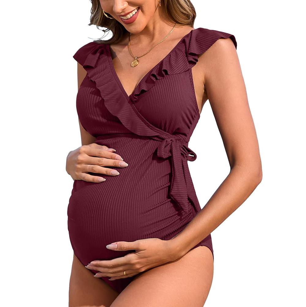 

Charmleaks ребристый купальник для беременных с оборками и V-образным вырезом, завязками по бокам, трикотажный цельный купальный костюм для беременных, купальники с эффектом пуш-ап для женщин XL красный