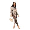 Women's Summer Mesh See Through Tight Print Patchwork Long Sleeve Jumpsuit